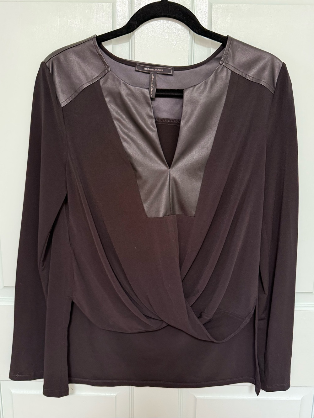 BCBG Max Azria Vegan Leather Trimmd Draped Blouse in Black
